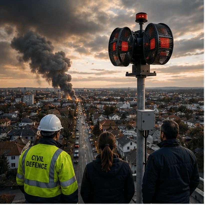Sirenco civil defence warning siren overlooking a city emergency scene