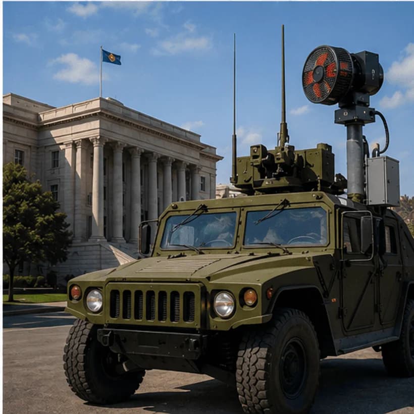 Sirenco warning siren installed near a military vehicle and government building