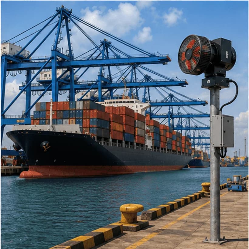 Sirenco warning siren installed at a maritime port with container ship and cranes