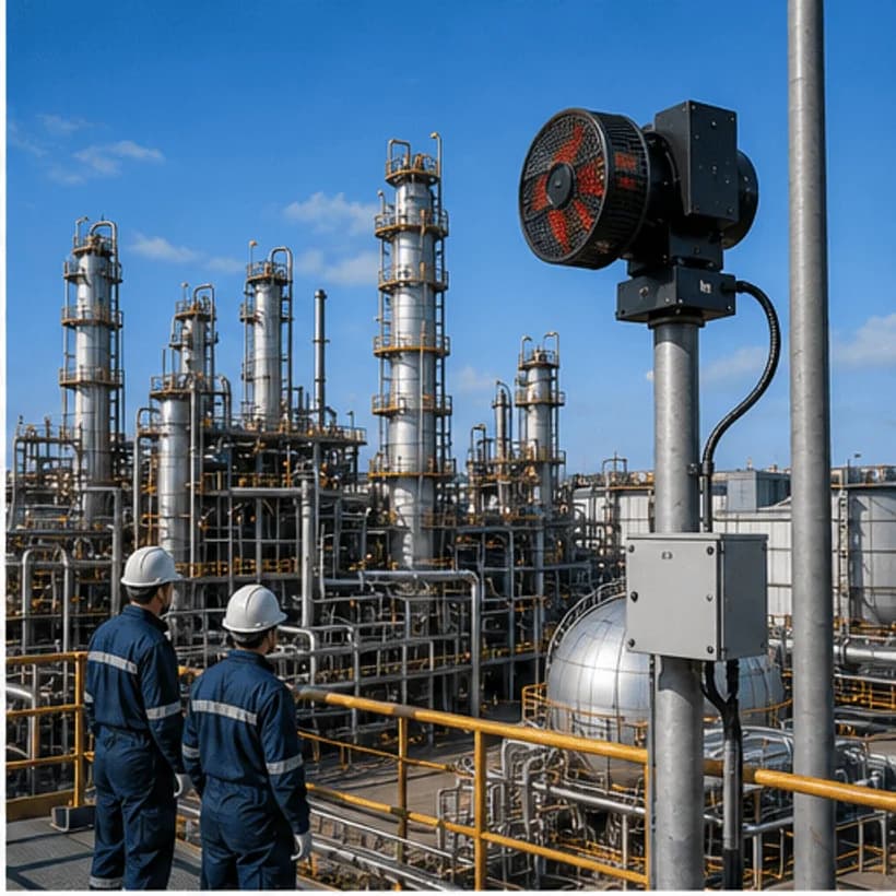 Sirenco warning siren installed at an oil and gas processing facility