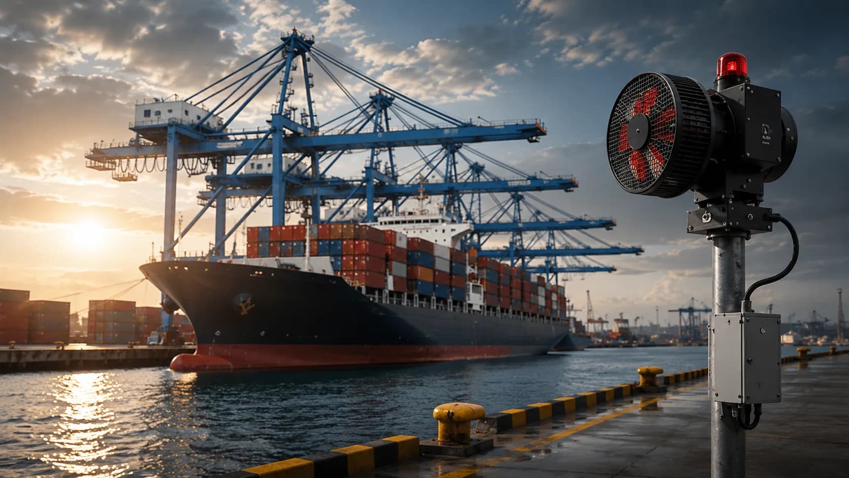 Sirenco warning siren installed at a maritime port with container ship and cranes