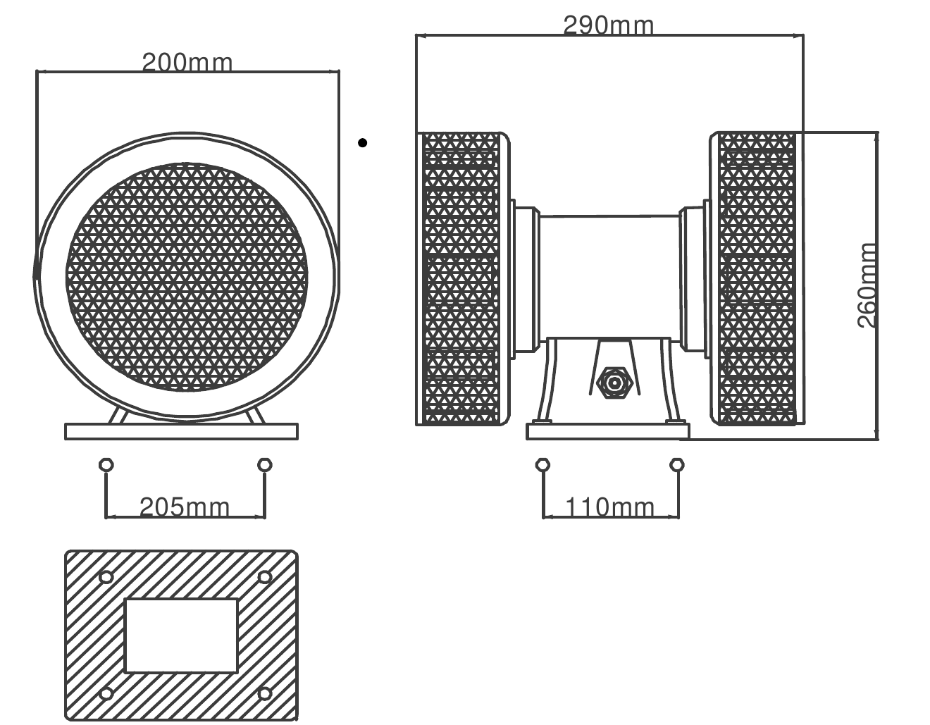 2D Siren 240V front and side technical drawing